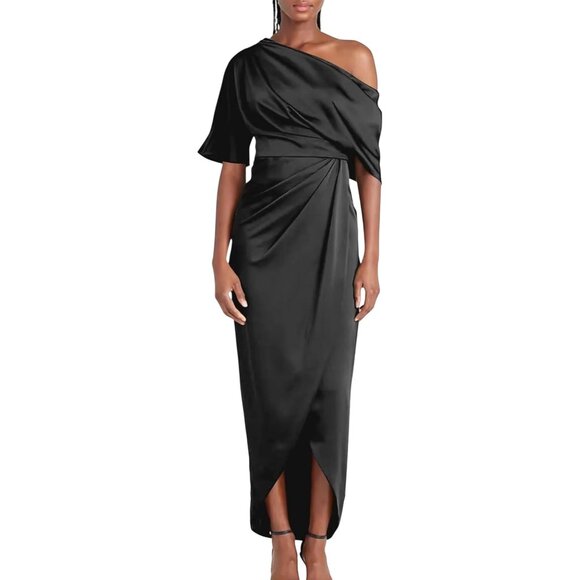 Elegant Black Draped One-Shoulder Evening Gown With Asymmetrical Hemline NWOT 10 - Picture 1 of 6